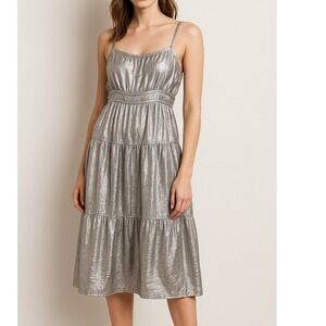 Old Navy Women's Silver Metallic Tiered Midi Dress XL SleevelessTiered Smocking